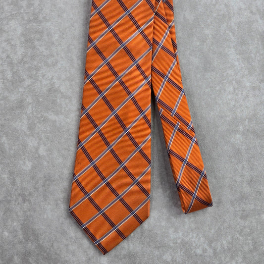 Chaps Orange Blue Plaid Tartan Stripe 100% Silk Handmade Men's Neck Tie NWOT