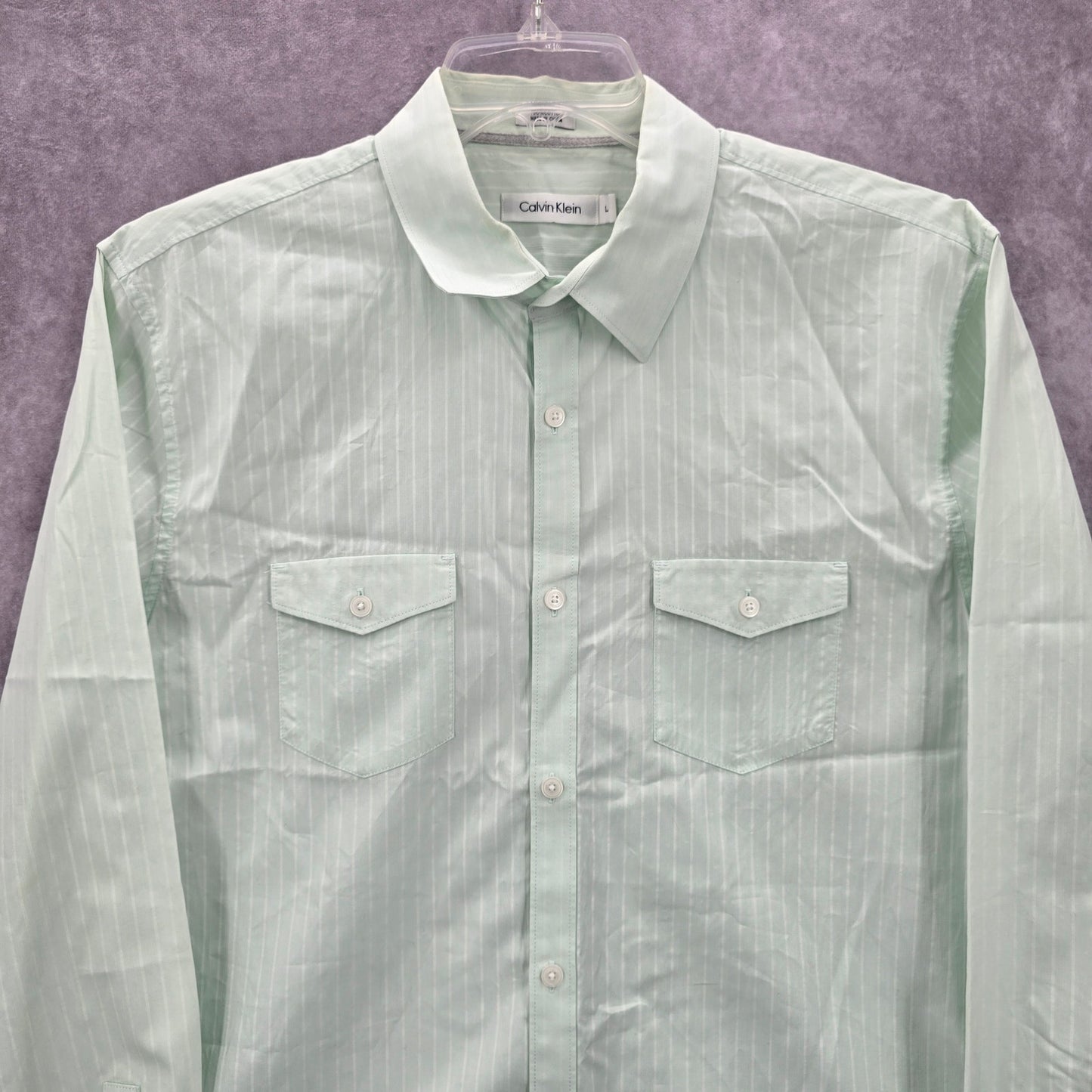 Calvin Klein Mens Green Button Down Long Sleeve Stripe Cotton Dress Shirt Large
