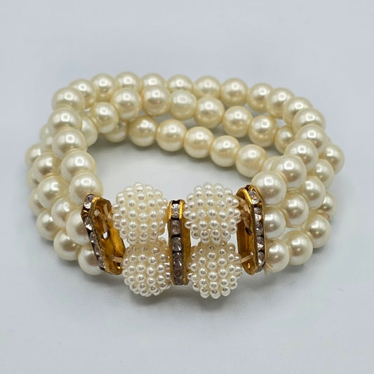 White Bead Pearl Gold Stretch Boho Costume Elastic Bracelet Fashion Jewelry
