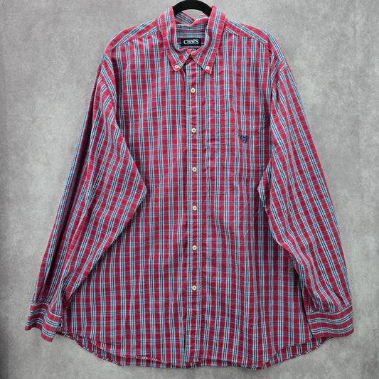 Chaps Red Blue Plaid Long Sleeve Button Down Cotton Mens Shirt Plus 2XL
