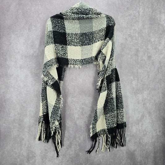 Rampage Black White Plaid Tartan Fringe Tassel Knit Wrap Shawl Scarves Scarf