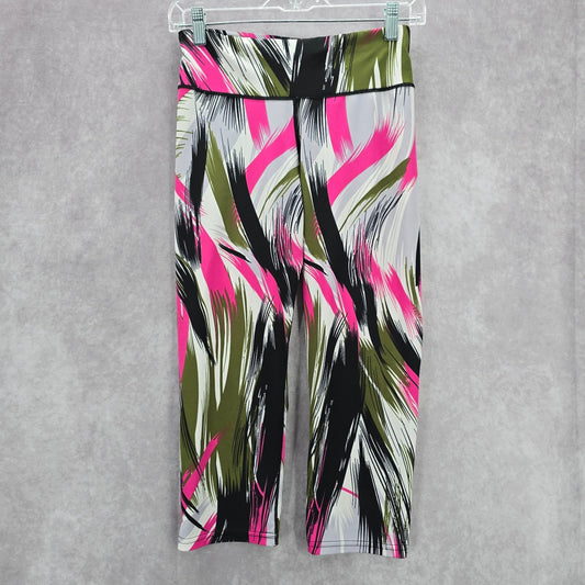 Green Pink Print Capri Cropped Stretch Active Pants Bottoms Leggings M/L