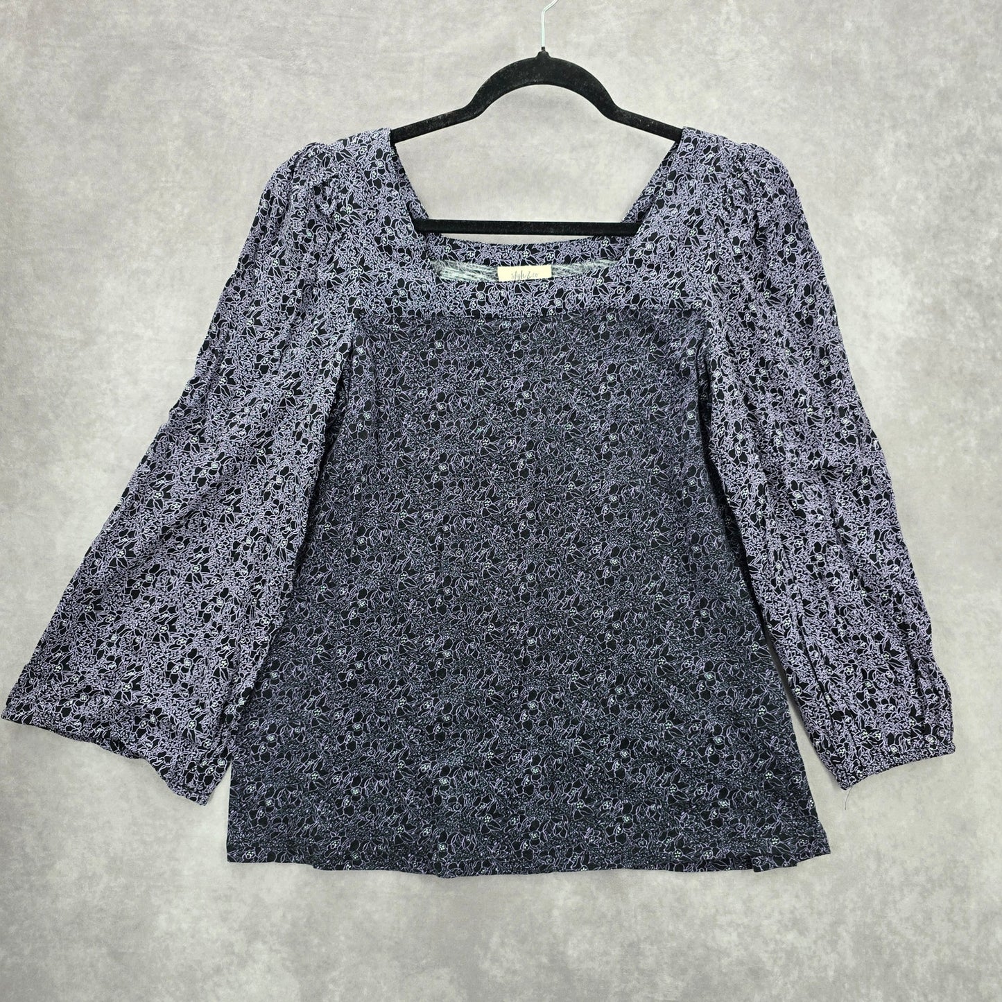 Style & Co Purple Black Floral Long Sleeve Flare Top Shirt Blouse Medium