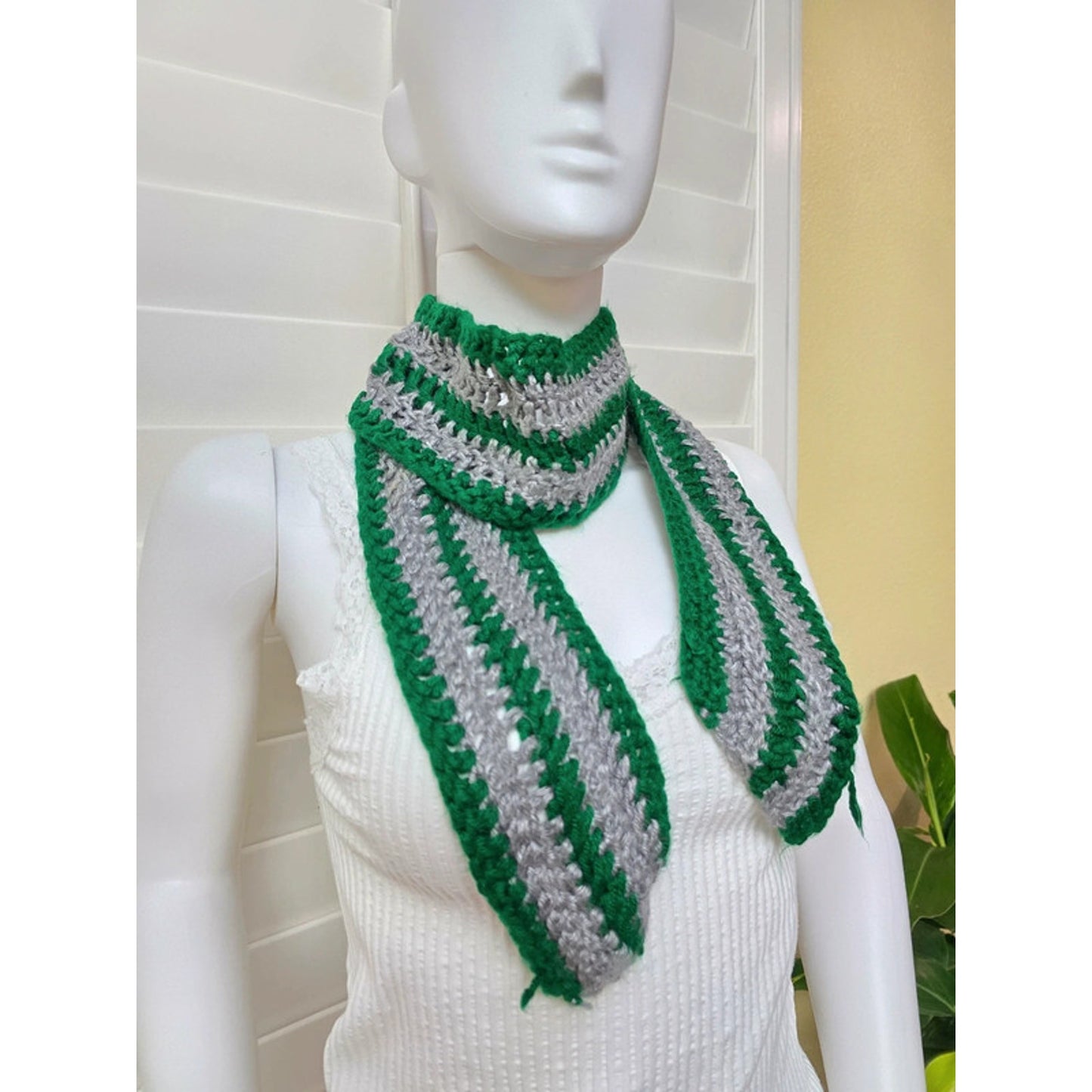 Gray Knit Scarf Crochet Green Cozy Cotton Scarf OSFM