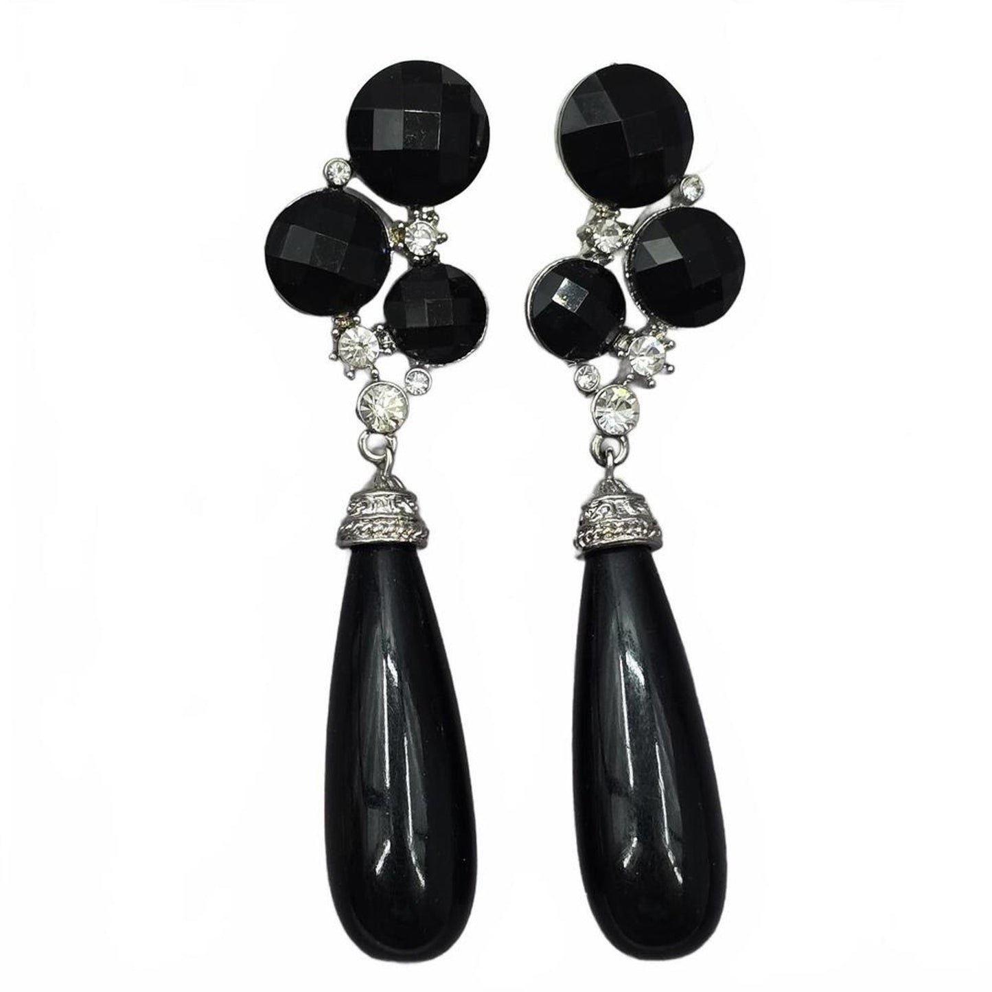 Black Silver Gem Rhinestone Long Drop Dangle Fashion Jewelry Earrings JB1-01