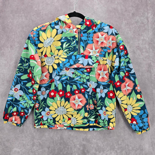 Gymboree Blue Floral Pullover Windbreaker Hood Coat Jacket Half Zip Girls XL 14