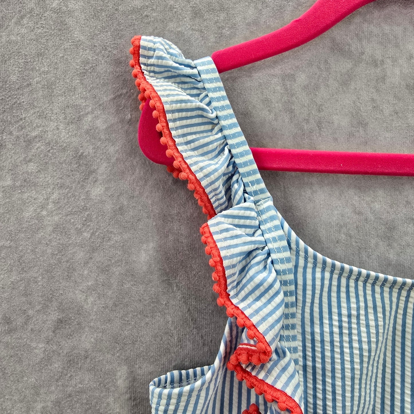 Cat & Jack Blue White Stripe Ruffle Ribbons Sleeveless Bikini Top Girls M 7/8