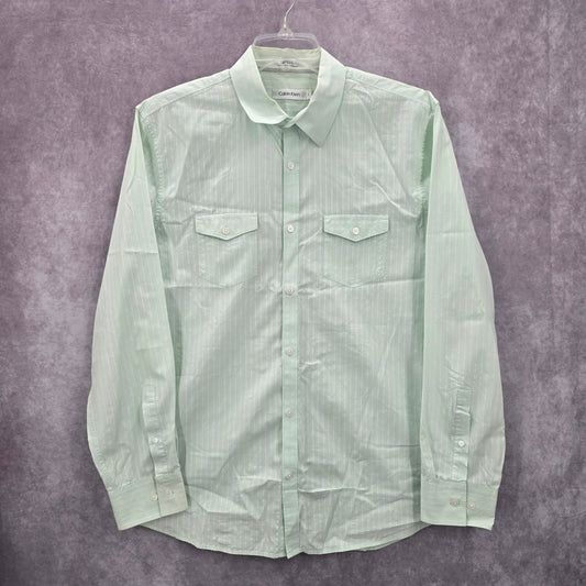 Calvin Klein Mens Green Button Down Long Sleeve Stripe Cotton Dress Shirt Large