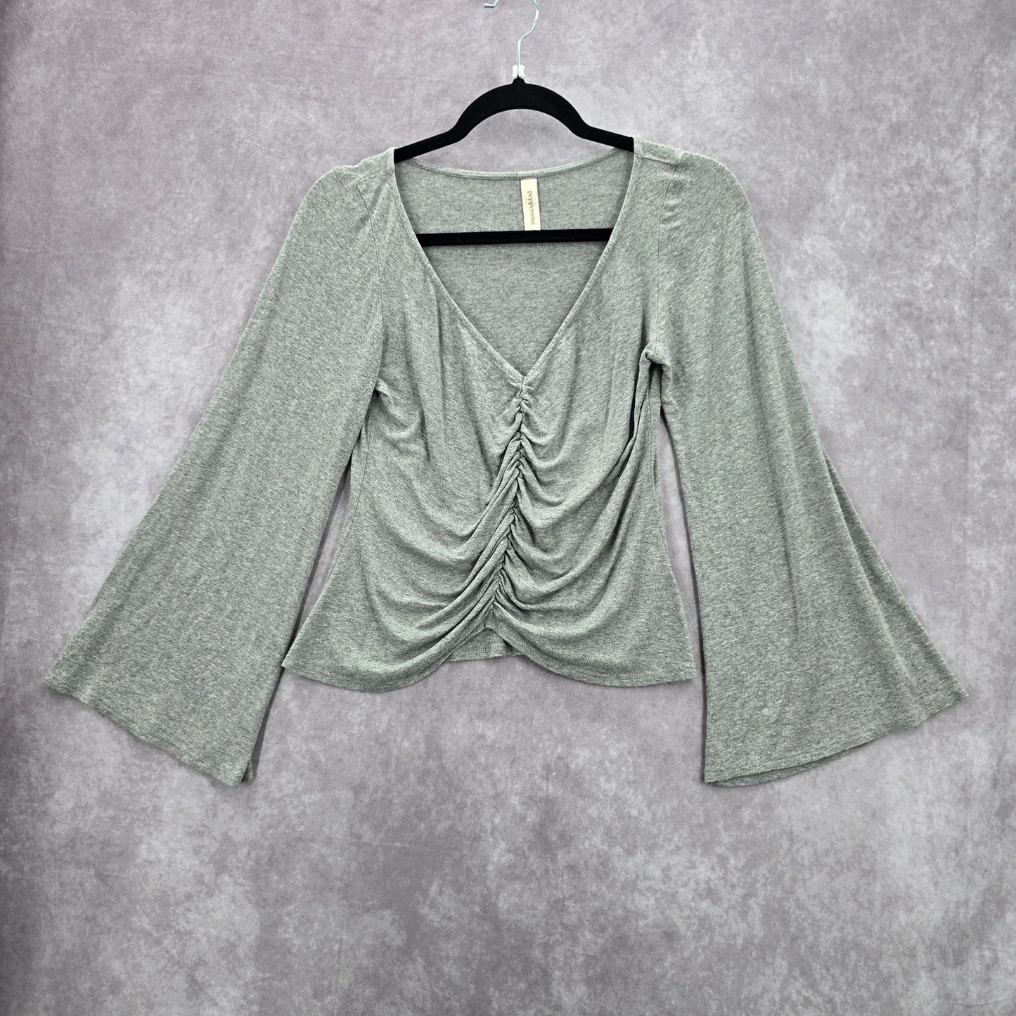 Peppermint Gray Ruched Flare Wide Long Sleeve Y2K Cropped Top Small