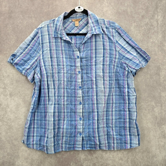 White Stag Blue Short Sleeve Button Down Cotton Plaid Top XXL 2X 20