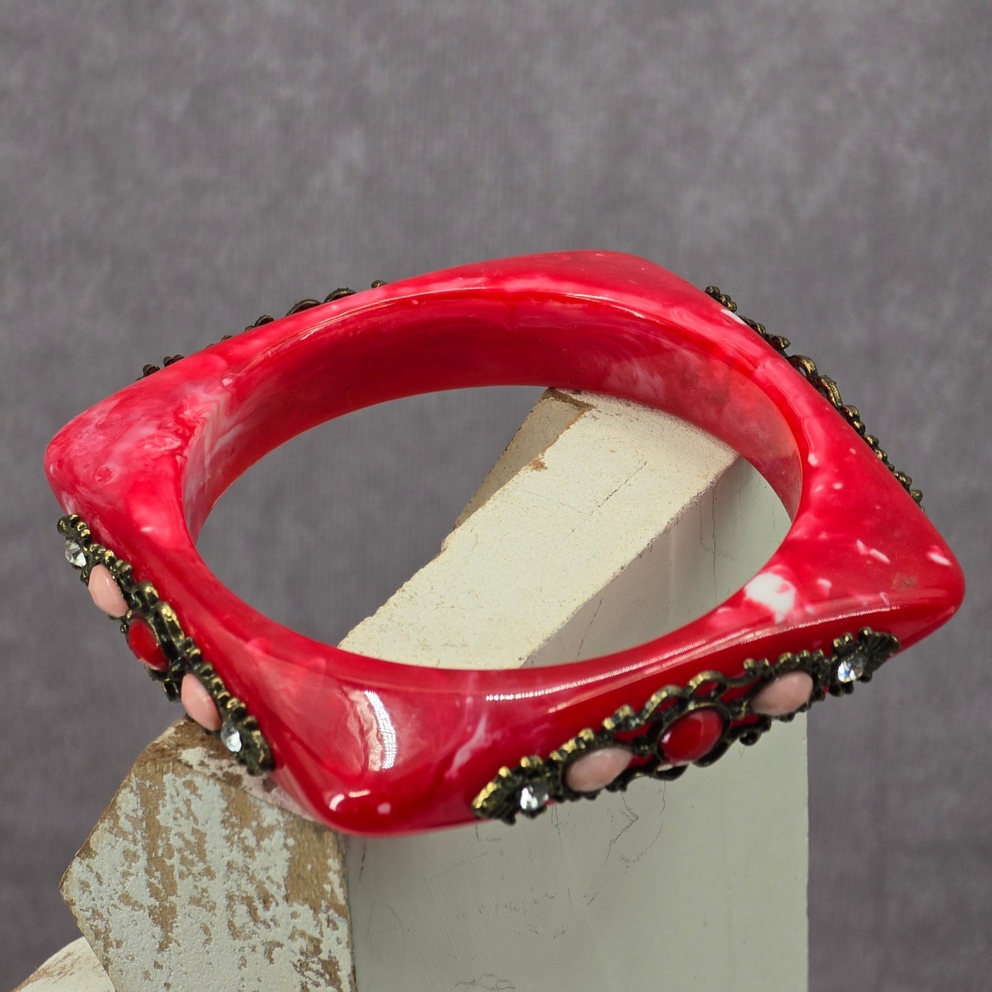 Red Resin Square Circle Costume Rhinestone Gems Bracelet Fashion Jewelry JB4-21