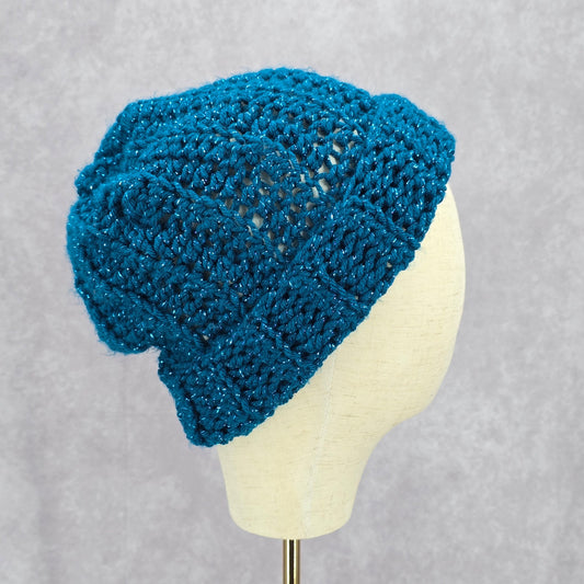 Blue Metallic Crochet Knit Bucket Cap Hat Fun Vintage Y2K Funky Beanie
