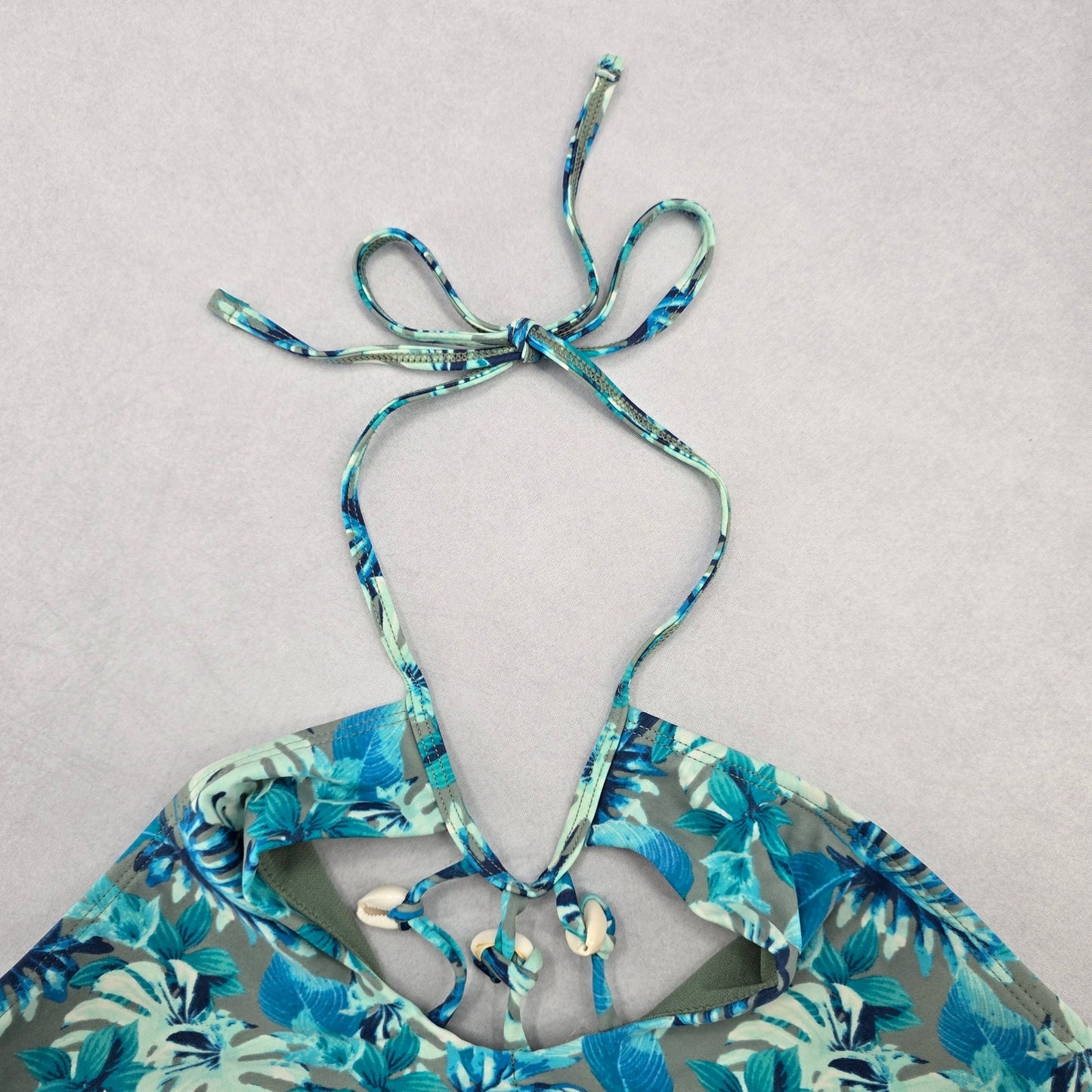Reel Legends Blue Tropical Shell Tie Swim Sports Bra Beach Bikini Top M Medium