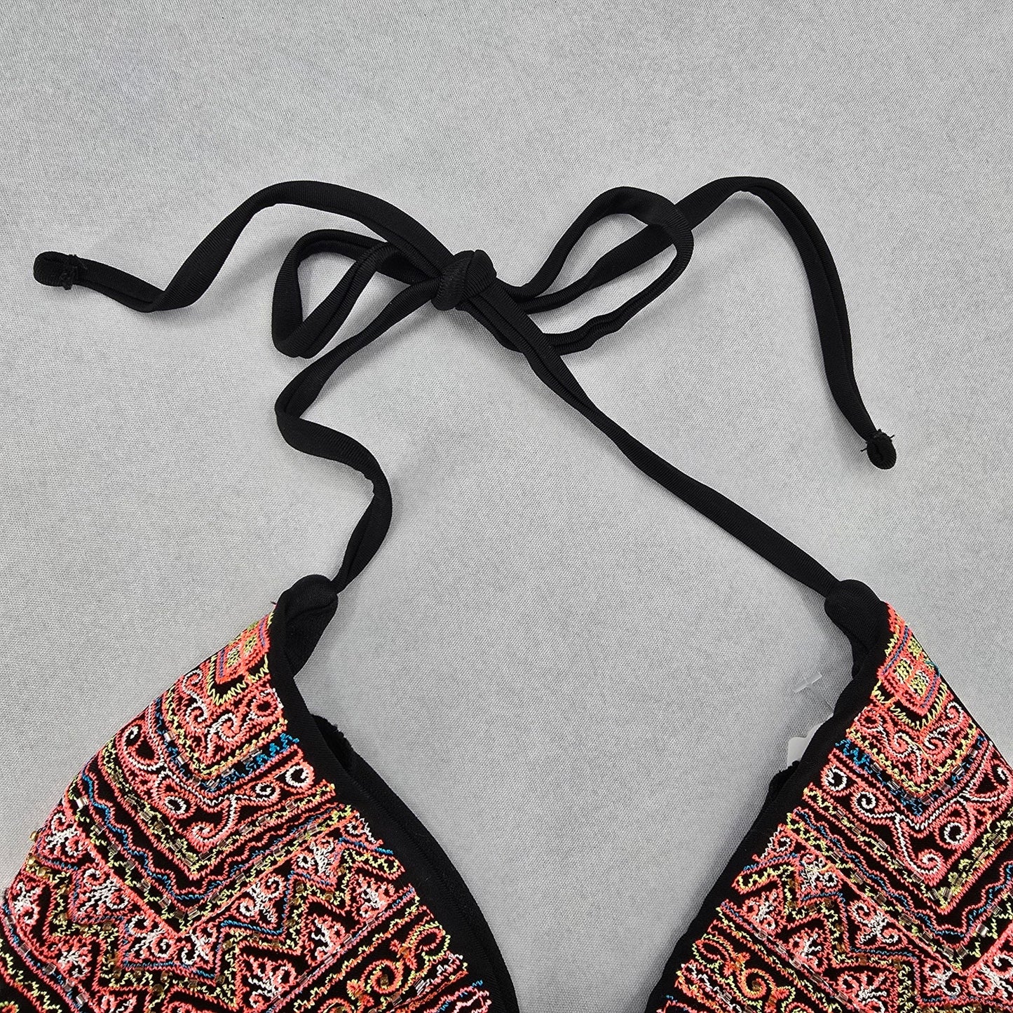 Black Bead Embroidered Halter Tie Active Sports Bikini Boho Beach Top S Small