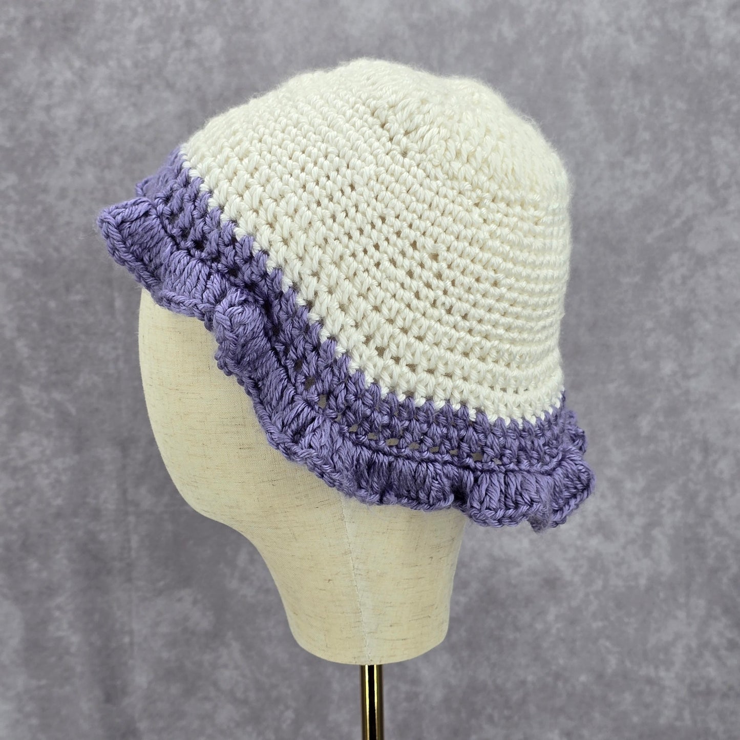 Vintage Y2K Crochet Festival Kawaii Purple White Knit Beanie Floral Funky Hat