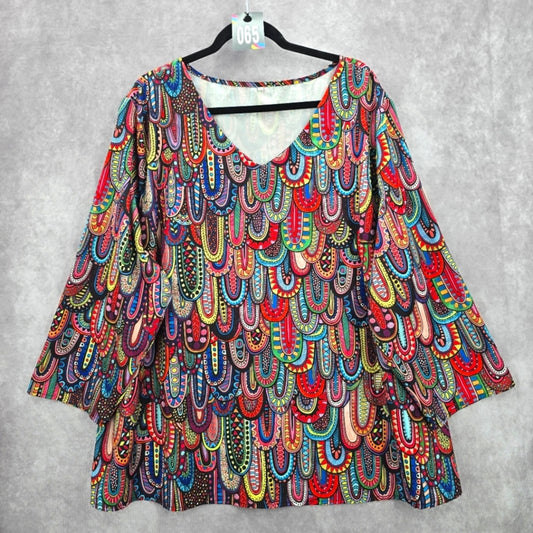 065. Geometric Pattern Multicolor Long Sleeve Top Plus 6XL