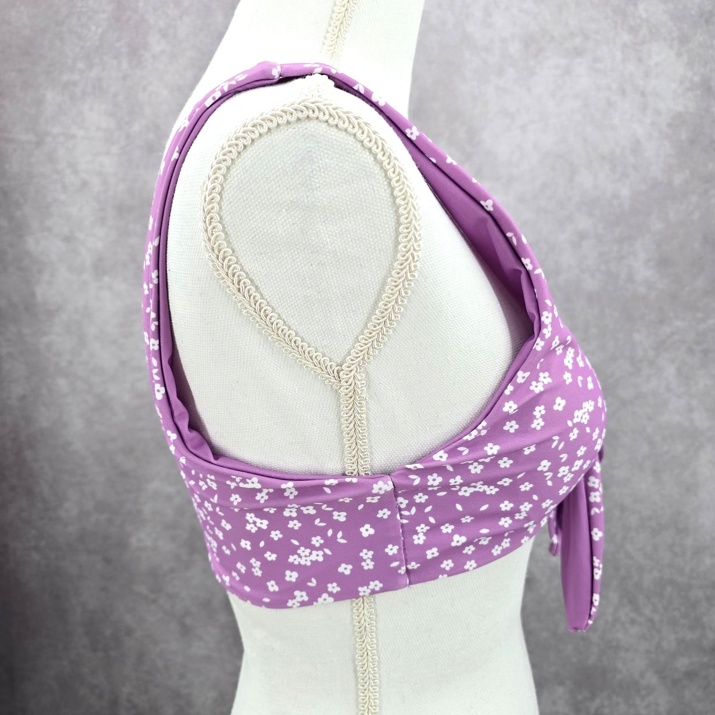 Purple White Floral Tie Front Padded Bikini Top Swimwear Medium