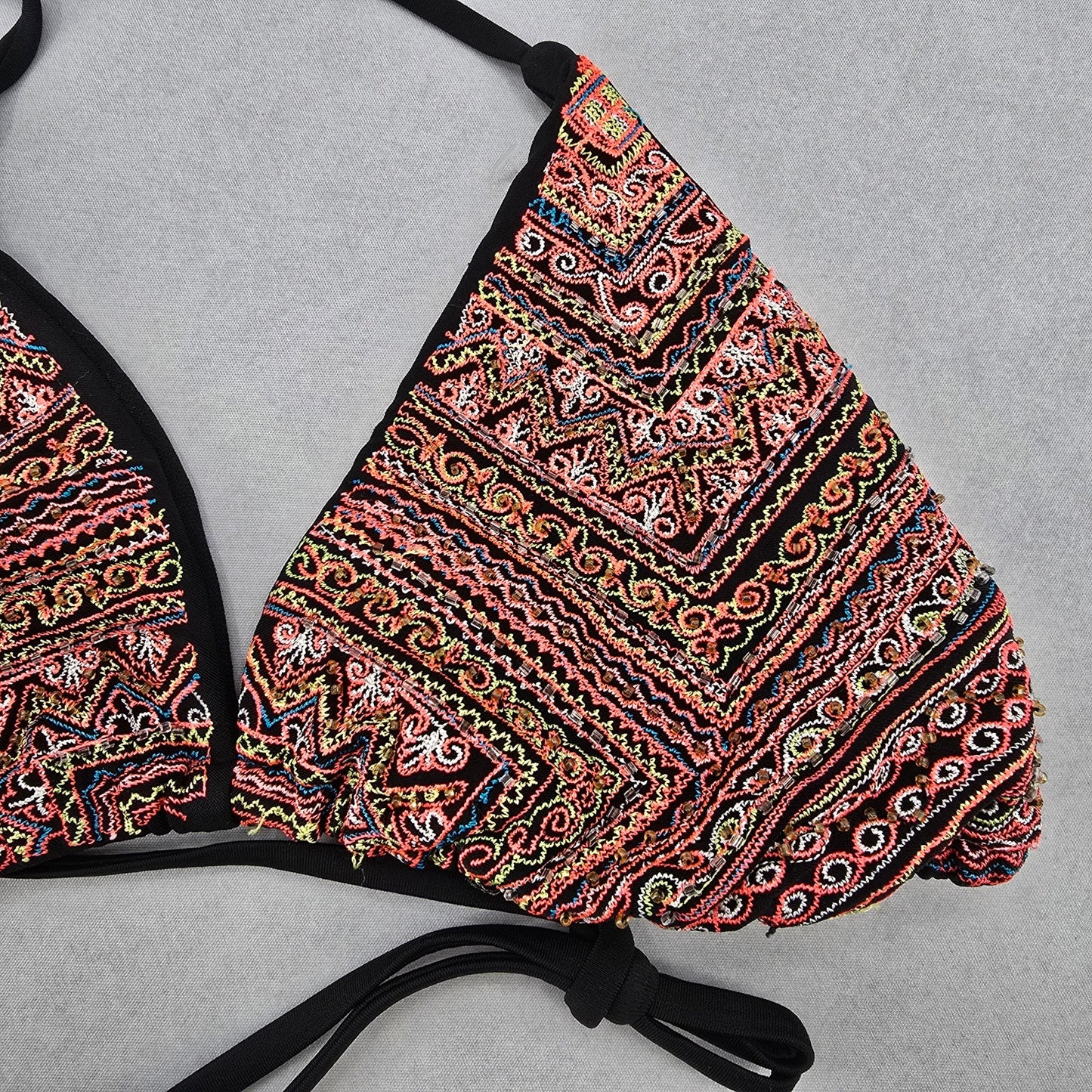 Black Bead Embroidered Halter Tie Active Sports Bikini Boho Beach Top S Small