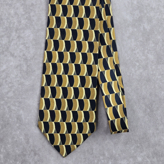 Jun Ashida Gold Blue Geometric Executive Floral Wave 100% Silk Neck Tie