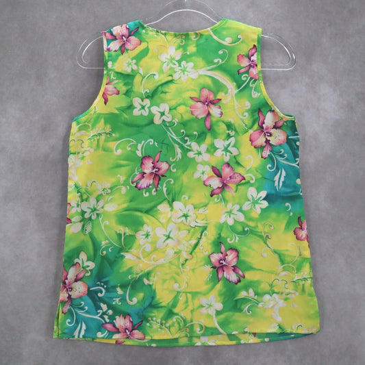 Maggie Sweet Yellow Green Floral Preppy Flirty Sleeveless Blouse Top S Small