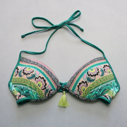 Green Floral Padded Tie Gold Bead Tassel Swim Sports Bra Bralette Bikini Top 34C
