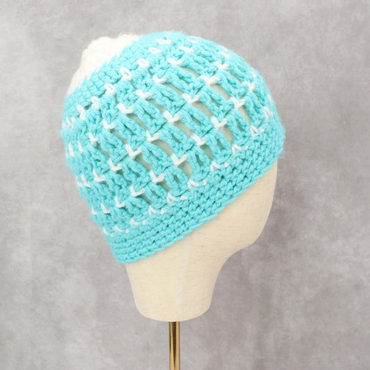 Blue Cable Knit White Handmade Y2K Vintage Cozy Winter Beanie Cap Hat