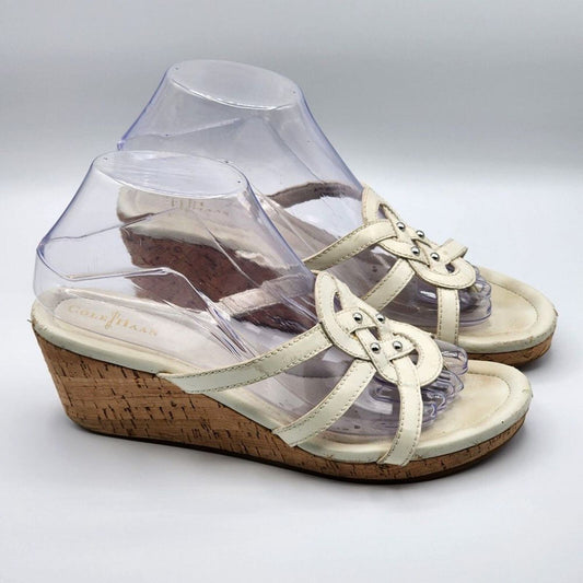 Cole Haan White Heels open Toe Slide Cork Leather Sandals Size 7.5B