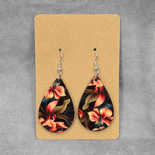 Black Teardrop Floral Hook Handmade Earrings #JB1E5