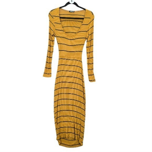 Fashion Nova Yellow Ribbed Cutout Long Sleeve Midi Maxi Dress Extra Small XS