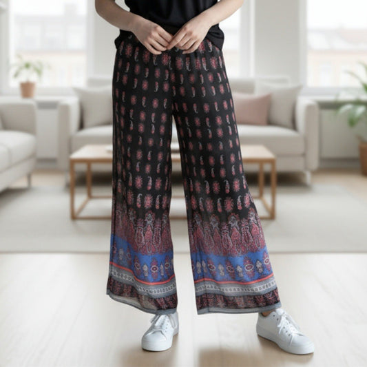 Twenty Six Black Floral Wide Leg Boho Pull On Comfy Trousers Pants M Medium