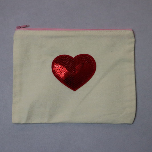 Red Sequin Pink Zipper Canvas Pouch Handmade Makeup Bag