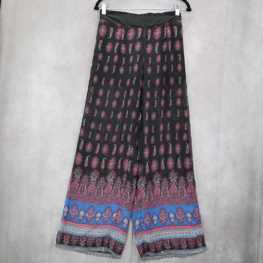 Twenty Six Black Floral Wide Leg Boho Pull On Comfy Trousers Pants M Medium