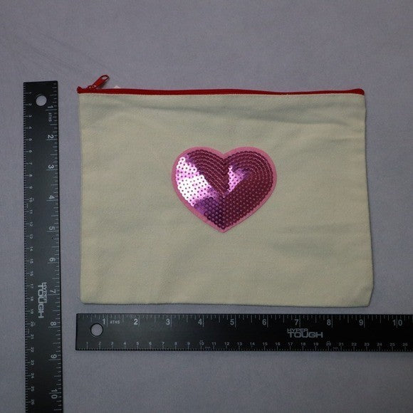 Pink Sequin Heart Patch Red Zipper Canvas Pencil Makeup Handmade Pouch Bag