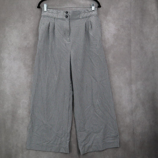 H&M Blue Stripe Wide Leg Boho Pull On Pleated Straight Preppy Trousers Pant 8