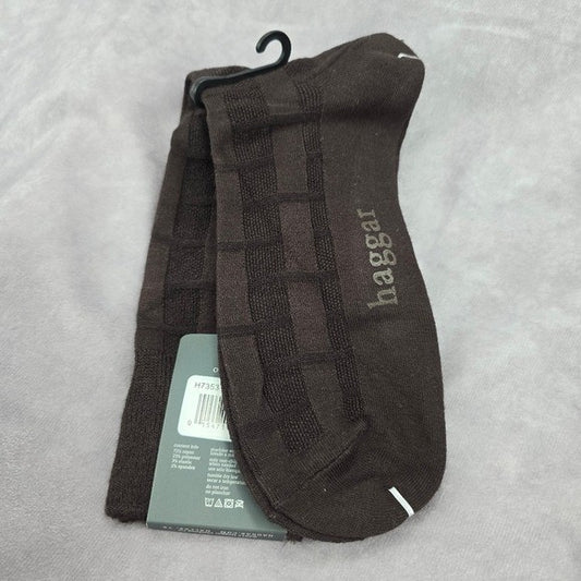Haggar Brown Chocolate Weave Logo Print Mens Dress Socks Shoe Sise 6-12.5