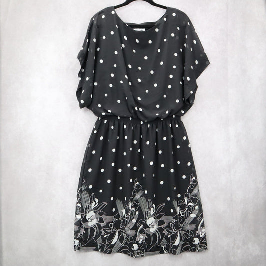 Shelby & Palmer Black Polka Dot Midi Dress Floral Elastic Flare Boho Casual 14W