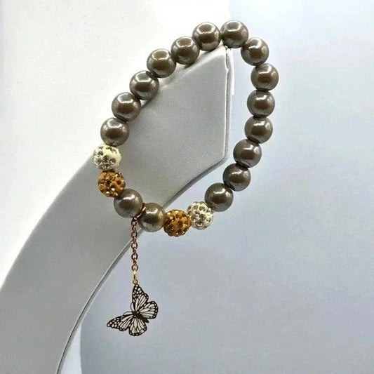 Bead Elastic Butterfly Charm Gray Fashion Boho Retro Jewelry Bracelet B11