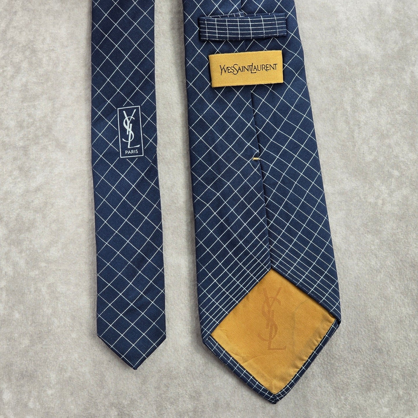 YSL Blue Gold Stripe Plaid Executive Silk Italy Neck Tie Men