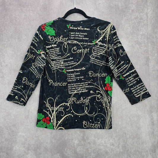 Cactus Bay Black Christmas Holiday Festival Y2K VTG Artsy Print Top Medium