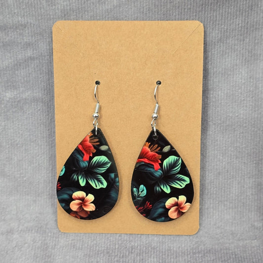 Black Teardrop Hook Floral Handmade Earrings JB1E9