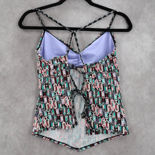 White Geometric Open Back Crisscross Tie Boho Beach Swim Tankini Top Small