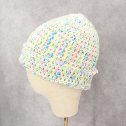 White Multi Color Cable Knit Y2K Vintage Bucket Beanie Cap Hat