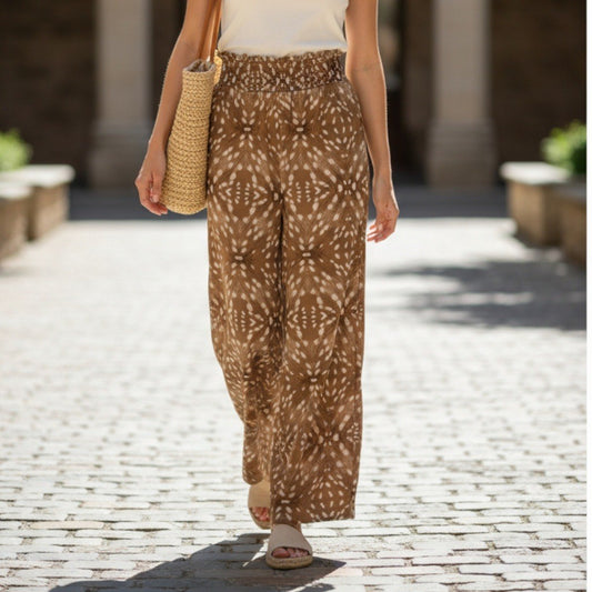 Bucket List Brown Wide Geometric Leg Boho Pull On Straight Trousers Pant S Small