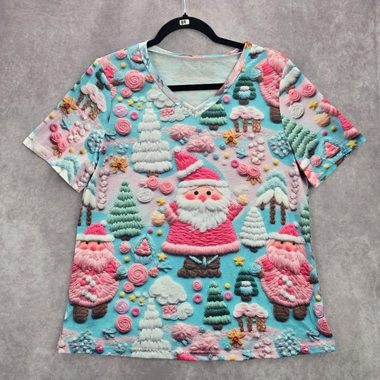 Blue Santa Candy Cane Cute Y2K Christmas Holiday Tree Artsy Tshirt Top Medium