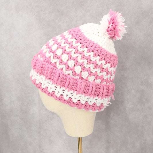 Pink Cable Knit Crochet Pom Pom Cozy Cottagecore Chunky Beanie Cap Hat