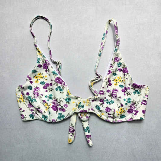 White Floral Ribbed Wired Tie Swim Sports Bra Beach Bralette Bikini Top L Large