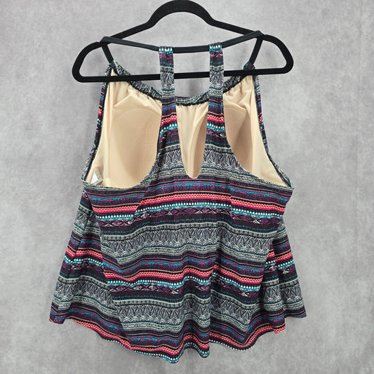 Kona Sol Black Multi Color Print Padded Swimwear Tankini Tank Top Plus 24W 2X