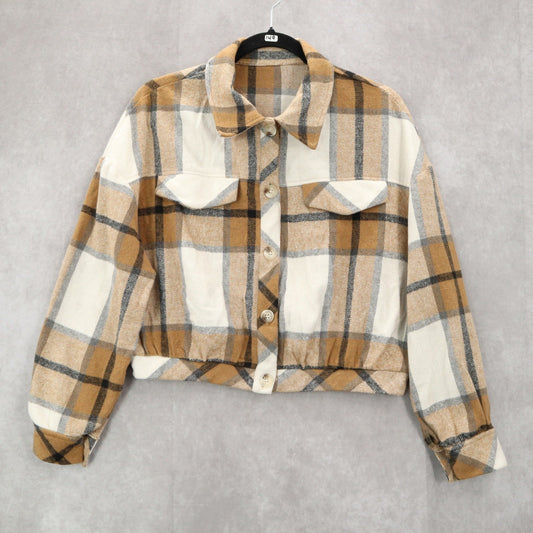 Brown Crop Flannel Plaid Shacket Jacket Button Up Long Sleeve Western Utility XL