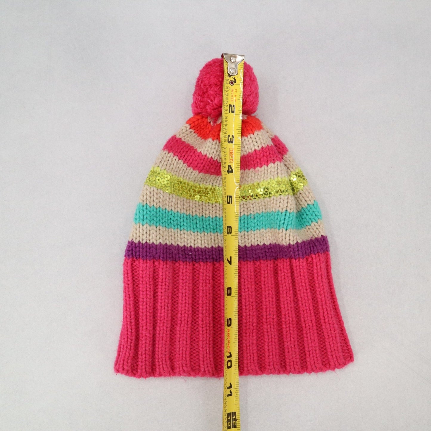 Gymboree Pink Cable Knit Sequin Stripe Y2K Girls Toddler Pom Pom Beanie Cap Hat