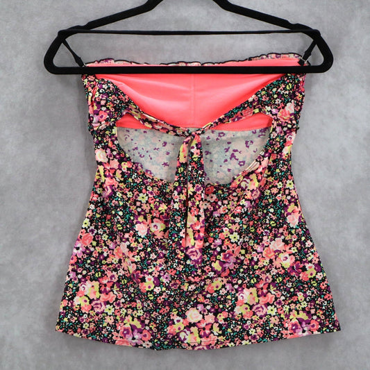 Arizona Black Floral Smock Ruffle Halter Tie Swim Boho Beach Tankini Top S Small